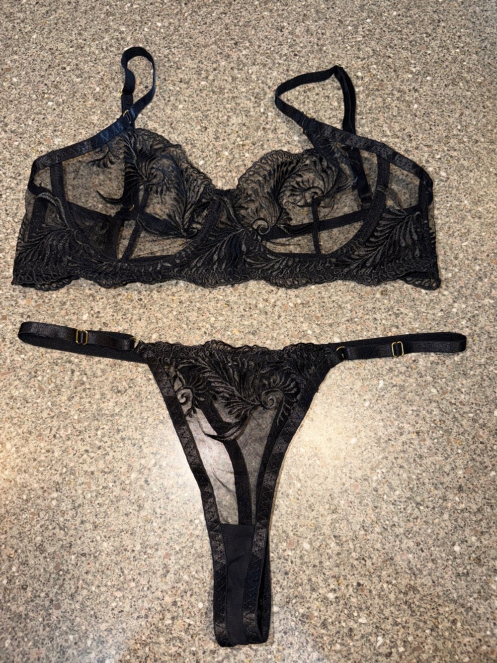Black Sheer Lace Underwire Bra & Thong Set